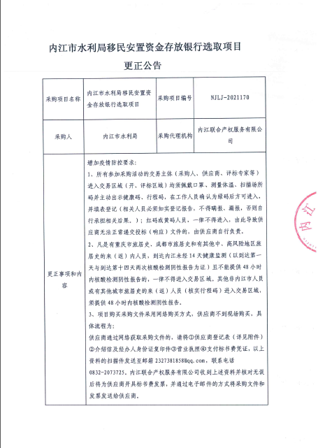 内江市水利局移民安置资金存放银行选取项目更正公告